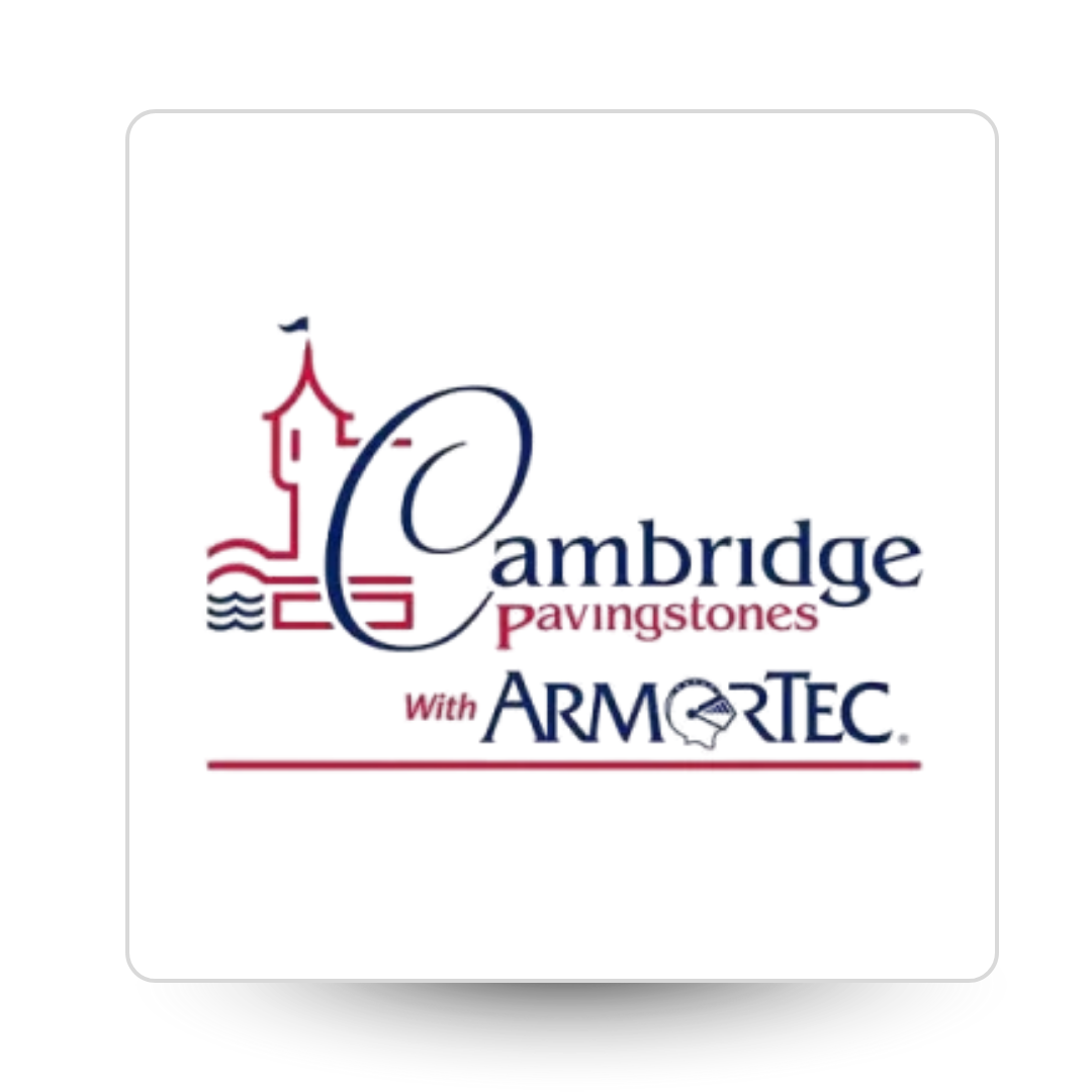 Logo for Cambridge Pavingstones with ArmorTec, featuring a stylized castle tower in red, wave lines, and blue and red text. The word ArmorTec has a shield design as the O.