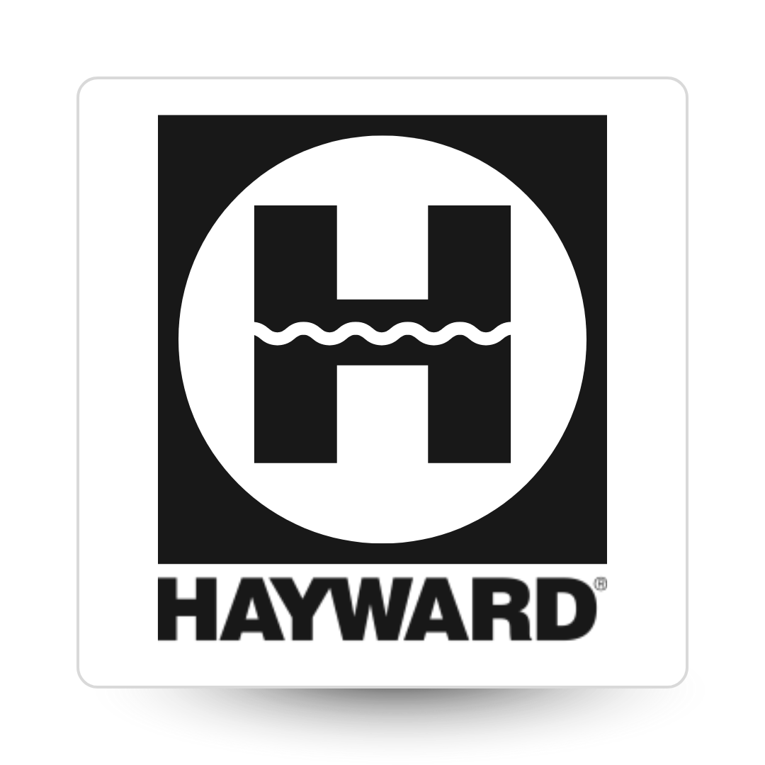 Black and white logo featuring a large H inside a circle with a wavy line through the middle, above the bold text HAYWARD.