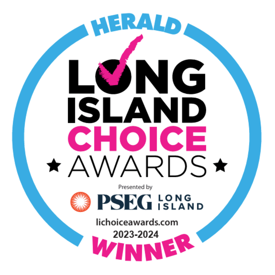 A circular badge reading Herald Long Island Choice Awards Winner presented by PSEG Long Island for 2023-2024, with a pink check mark and blue and pink accents.