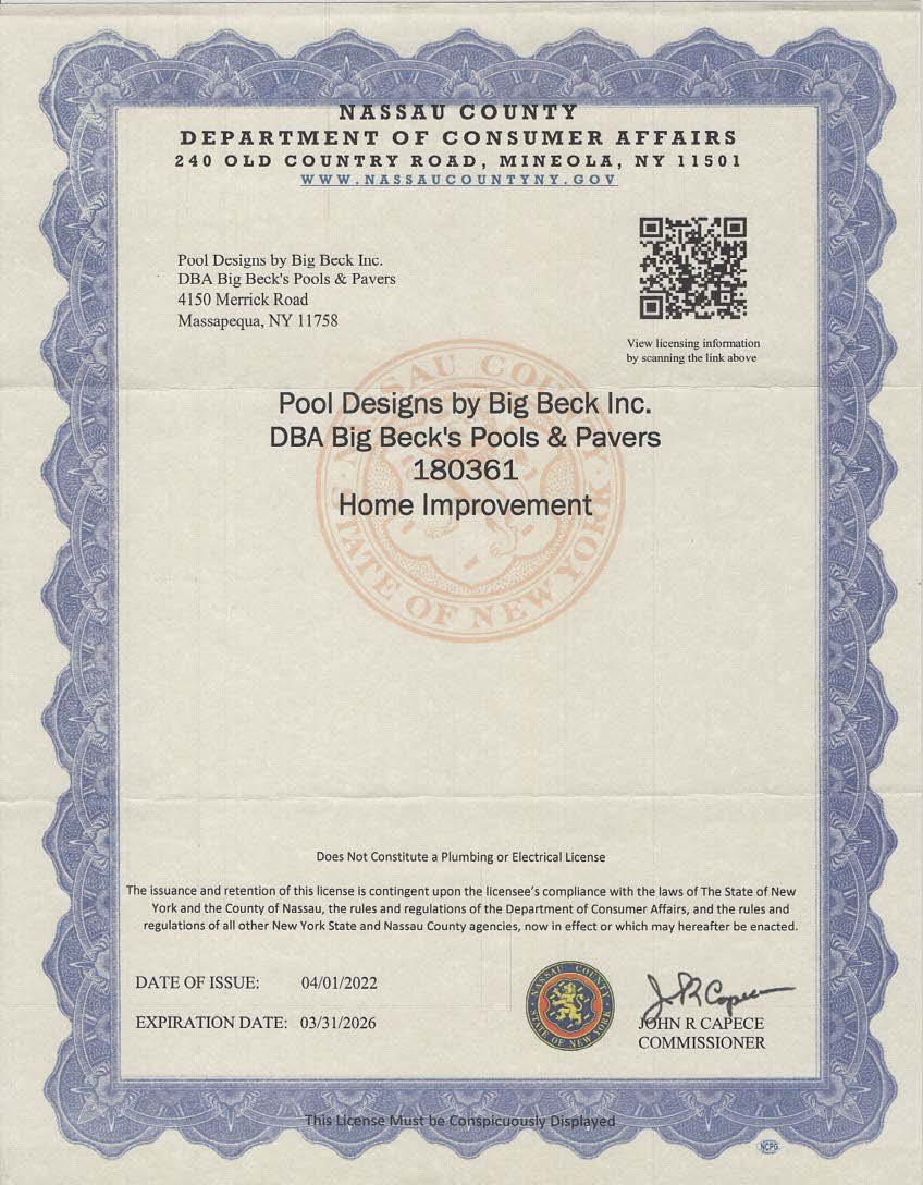 An official certificate from Nassau County Department of Consumer Affairs, issued to Pool Designs by Big Beck Inc. for home improvement. The document features a blue border, seal, dates valid from 04/01/2022 to 03/31/2026, and a signature.